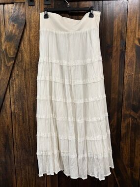 Boho Tiered Maxi Skirt Large Cream Flowy Elastic Waist Cottagecore